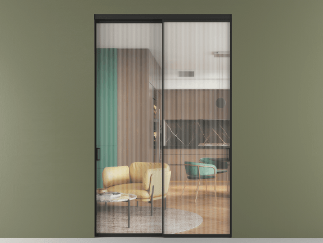 Перегородка Formato внутри проёма двустворчатая АЛПР 040.01 Алюминий Черный Рифлёное стекло "Moru", триплекс Цена 416080 ₽  | Volhovec