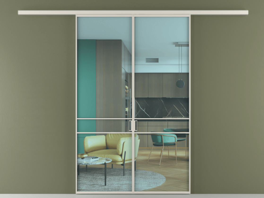 Перегородка Formato вдоль стены двустворчатая АЛПР 040.02 Алюминий облачно-серый Прозрачное голубое стекло, триплекс Цена 202960 ₽ | Volhovec