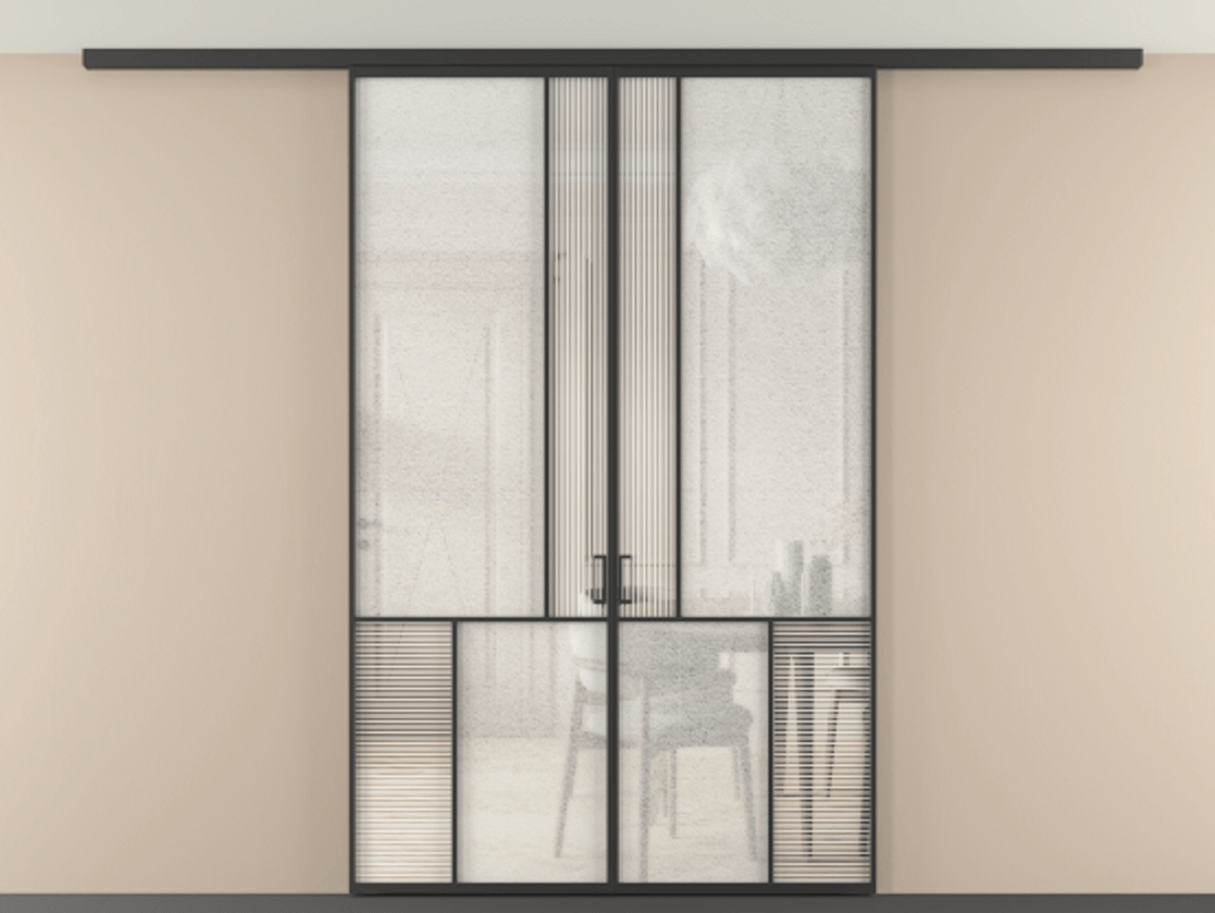 Перегородка Mosaic вдоль стены на потолок двустворчатая АЛПР 041.20 Алюминий Черный Рифлёное стекло "Дюна", триплекс, 6 мм + Фактурное стекло "Лёд", триплекс Цена 268320 ₽ | Volhovec