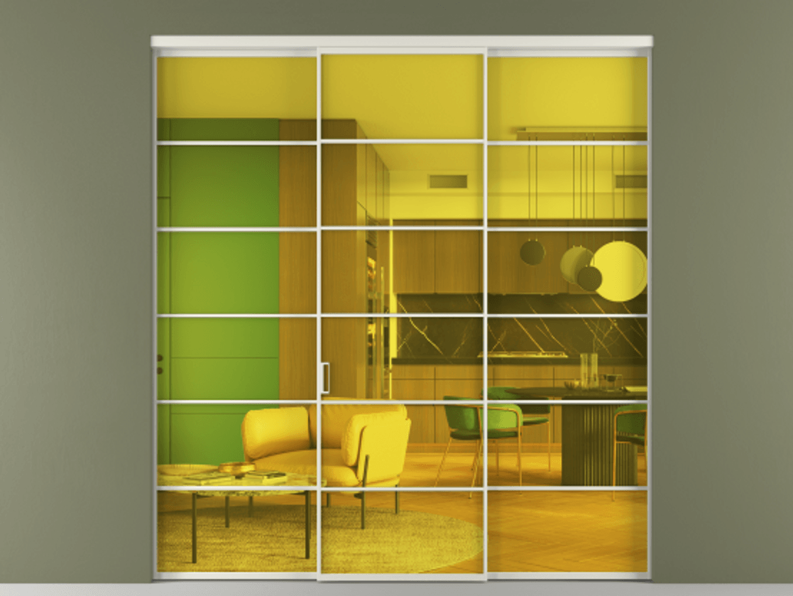 Перегородка Formato внутри проёма трёхстворчатая АЛПР 040.04 Алюминий Белый Прозрачное жёлтое стекло, триплекс Цена 256460 ₽ | Volhovec