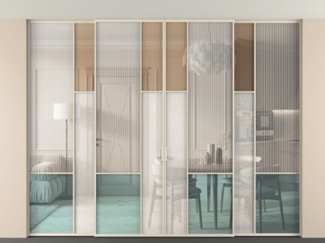 Перегородка Mosaic внутри проёма четырёхстворчатая со скрытым креплением в потолок АЛПР 041.13 Алюминий бежево-серый Комбинация стекол Группы 1 и Группы 3 Цена 617260 ₽ | Volhovec