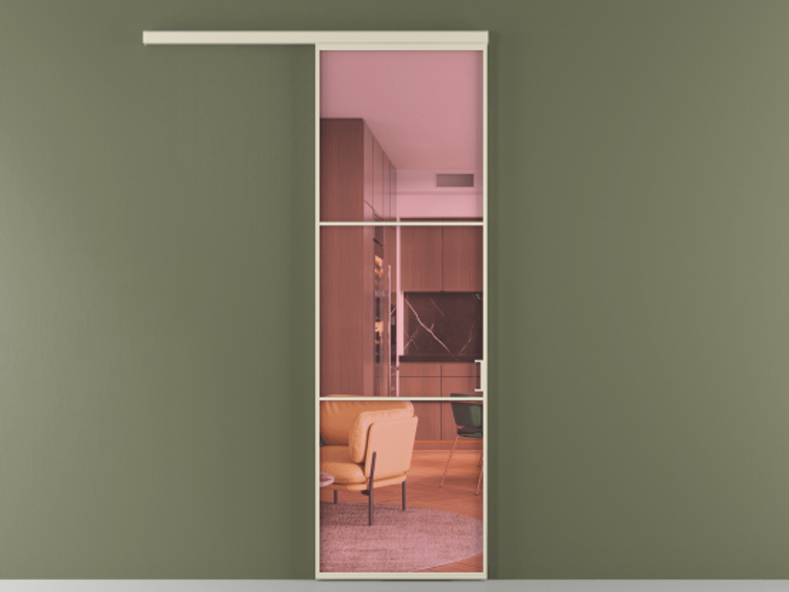 Межкомнатная дверь New Перегородка Formato вдоль стены одностворчатая АЛПР 040.03 Алюминий бежево-серый Прозрачное розовое стекло, триплекс Цена 103380  | Volhovec