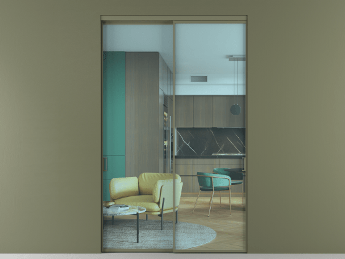 Перегородка Formato внутри проёма двустворчатая АЛПР 040.01 Алюминий оливковый тёмный Прозрачное голубое стекло, триплекс Цена 423620 ₽  | Volhovec