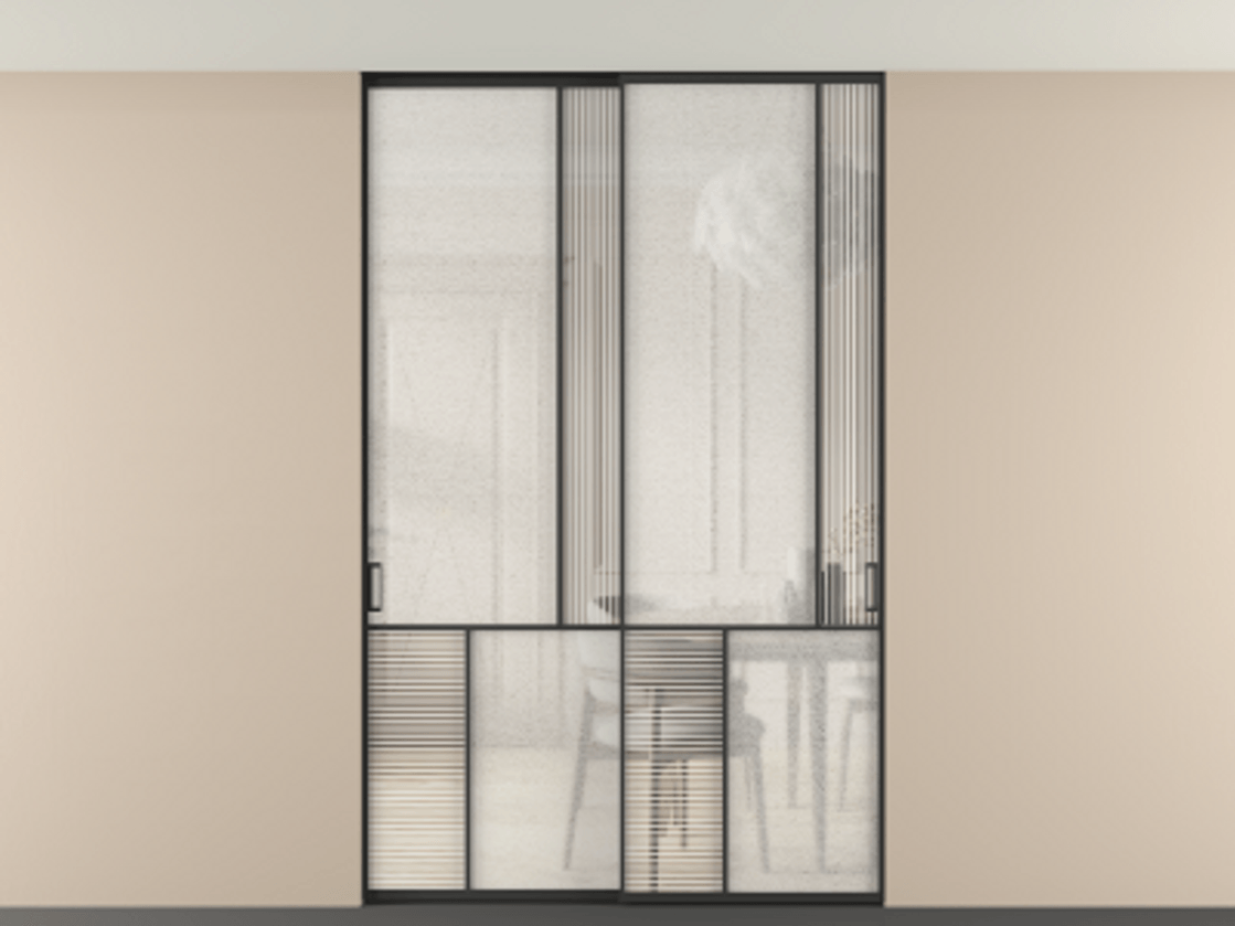 Перегородка Mosaic внутри проёма двустворчатая со скрытым креплением в потолок АЛПР 041.21 Алюминий Черный Рифлёное стекло "Дюна", триплекс, 6 мм + Фактурное стекло "Лёд", триплекс Цена 331020 ₽ | Volhovec