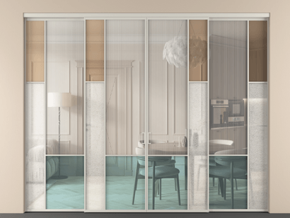 Алюминевая перегородка vnt4_6 Алюминий тёплый серый Четыре стекла. Цвет Алюминий тёплый серый. Материал Алюминий в эмали. Коллекция Перегородка Mosaic внутри проёма четырёхстворчатая. Картинка.