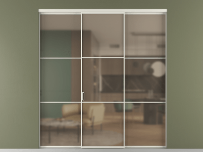 Алюминевая перегородка vn2_03 Бронза сатин триплекс БЕЛ. Цвет Алюминий Белый. Материал Алюминий. Коллекция Перегородка Formato внутри проёма трёхстворчатая. Картинка.