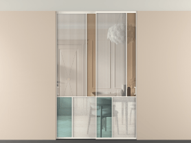 Алюминевая перегородка vntp2_1 Алюминий пудровый белый Четыре стекла. Цвет Алюминий пудровый белый. Материал Алюминий в эмали. Коллекция Перегородка Mosaic внутри проёма двустворчатая со скрытым креплением в потолок. Картинка.