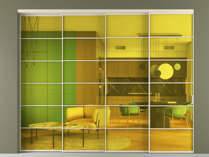 Алюминевая перегородка vn4_04_ Алюминий бежево-серый Прозрачное жёлтое стекло, триплекс, 6мм. Цвет Алюминий бежево-серый. Материал Алюминий в эмали. Коллекция Перегородка Formato внутри проёма телескопик синхро 3. Картинка.