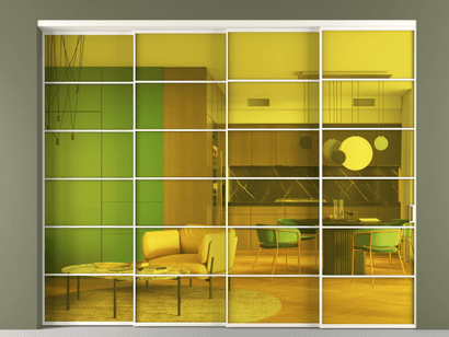 Алюминевая перегородка vn4_04_ Алюминий пудровый белый Прозрачное жёлтое стекло, триплекс, 6мм. Цвет Алюминий пудровый белый. Материал Алюминий в эмали. Коллекция Перегородка Formato внутри проёма телескопик синхро 3. Картинка.