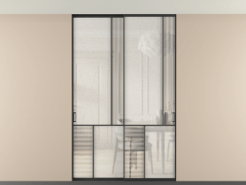 Алюминевая перегородка vntp2_1 ЧЕР. Цвет Алюминий Черный. Материал Алюминий. Коллекция Перегородка Mosaic внутри проёма двустворчатая со скрытым креплением в потолок. Картинка.