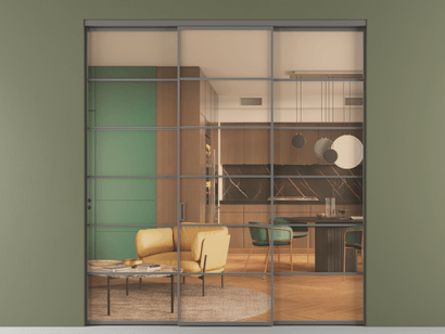 Алюминевая перегородка АЛПР 040.04_АКЛС_ПРОЗ ОРАНЖ_new. Цвет Алюминий классический серый. Материал Алюминий в эмали. Коллекция Перегородка Formato внутри проёма трёхстворчатая. Картинка.