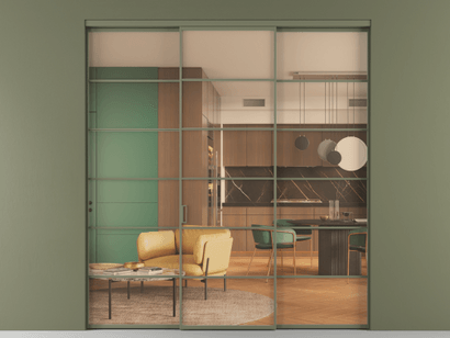 Алюминевая перегородка АЛПР 040.04_АОТ_ПРОЗ ОРАНЖ_new. Цвет Алюминий оливковый тёмный. Материал Алюминий в эмали. Коллекция Перегородка Formato внутри проёма трёхстворчатая. Картинка.