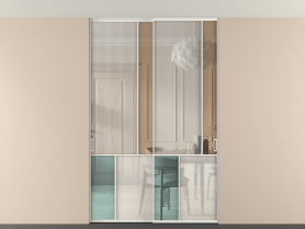 Алюминевая перегородка vntp2_1 Алюминий светло-серый Четыре стекла. Цвет Алюминий светло-серый. Материал Алюминий в эмали. Коллекция Перегородка Mosaic внутри проёма двустворчатая со скрытым креплением в потолок. Картинка.