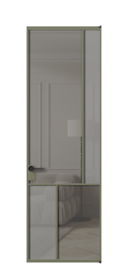 Дверь межкомнатная АЛПЛ041.21 АОТ Серый сатин матовое + Серый прозрачное. Цвет Алюминий оливковый тёмный. Материал Алюминий в эмали. Коллекция Mosaic. Картинка.