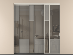 Алюминевая перегородка vnt3_6_АОС_Серый сатин триплекс+Серый триплекс_new. Цвет Алюминий облачно-серый. Материал Алюминий в эмали. Коллекция Перегородка Мозаик внутри проёма 3 створки с синхронным механизмом. Картинка.